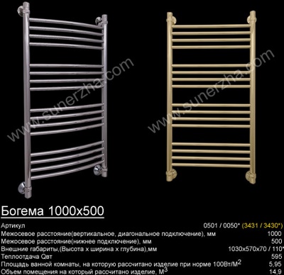 Полотенцесушитель водяной Сунержа Богема 1000х500 выгнутая (4+4+4+4 п) - фото1