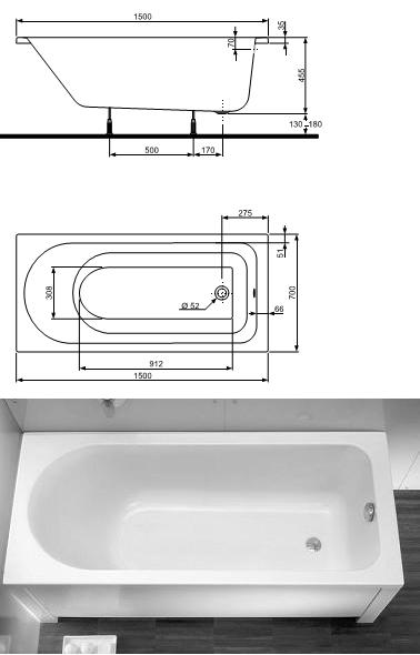 Ванна акриловая прямоугольная KOLO Primo XWP0850 150х70х44 (150*70)