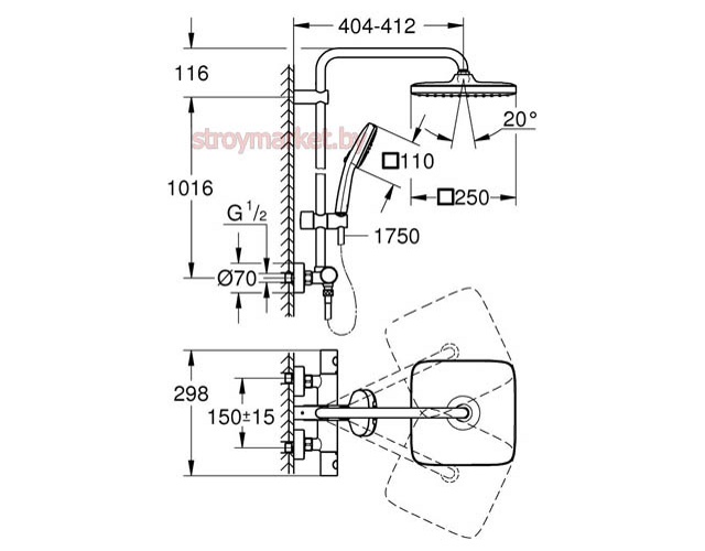 Душевая система GROHE Tempesta System 250 Cube 26689001 с термостатом - фото2 Душевая система GROHE Tempesta System 250 Cube 26689001 с термостатом - фото2