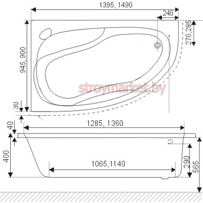 Ванна акриловая угловая асимметричная EXCELLENT Newa Plus 140x95 левая - фото2