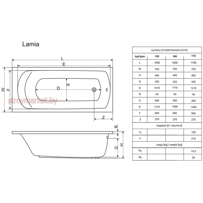Ванна акриловая прямоугольной формы EXCELLENT Lamia 170x75
