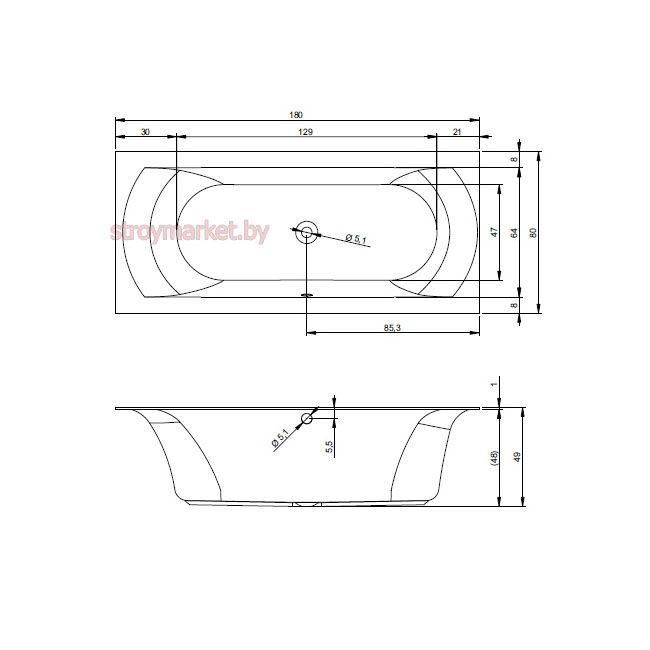 Ванна акриловая прямоугольная RIHO Linares 180х80 R BT46005 - фото2