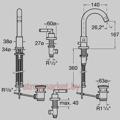 Смеситель для умывальника ROCA Loft Elit 5A4451C00 на 3 отверстия с донным клапаном