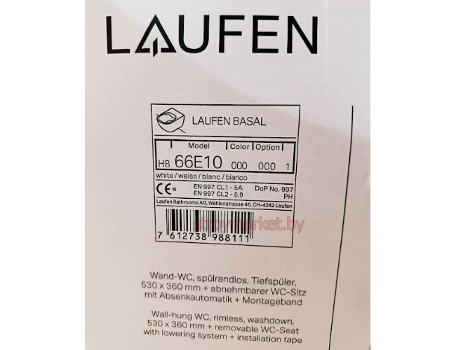 Унитаз LAUFEN Basal подвесной без ободка 866E100000001 в комплекте с сиденьем микролифт