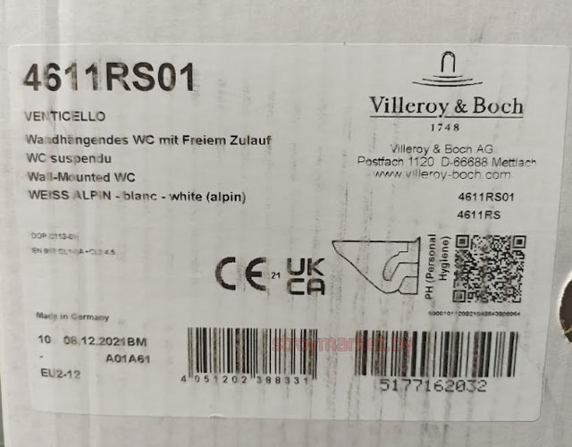 Унитаз подвесной VILLEROY&BOCH Venticello 4611RS01 без ободка с сиденьем в комплекте