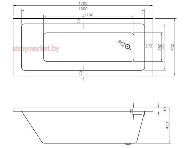 Ванна акриловая прямоугольная BONITO HOME Saga 170x70 BH-SA-206-170-70/St фото-2
