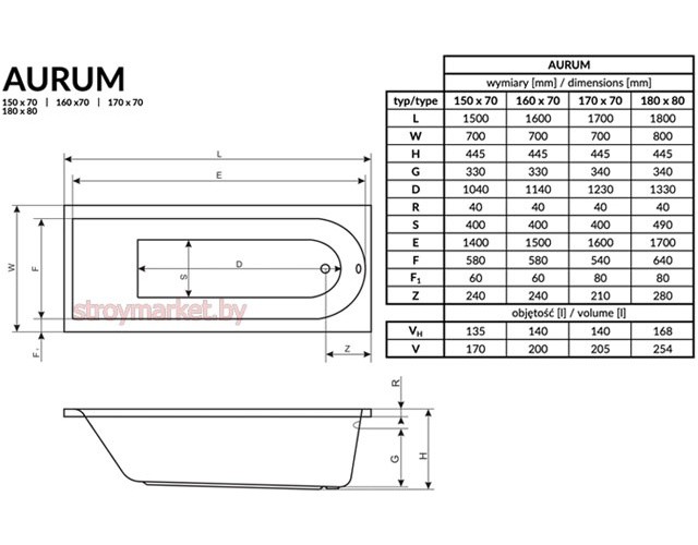 Ванна акриловая прямоугольная EXCELLENT Aurum 180x80