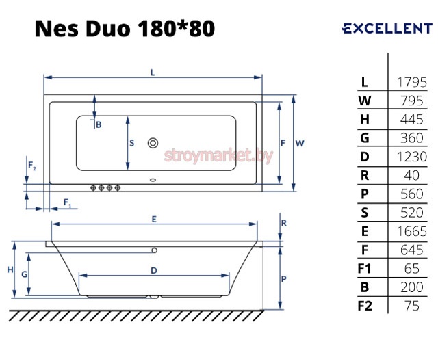 Ванна акриловая прямоугольная EXCELLENT Ness Duo 180x80
