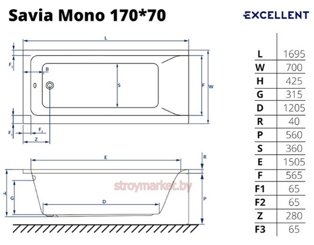 Ванна акриловая прямоугольная EXCELLENT Savia Mono 170x70