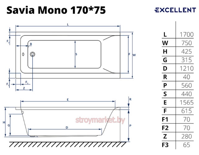 Ванна акриловая прямоугольная EXCELLENT Savia Mono 170x75