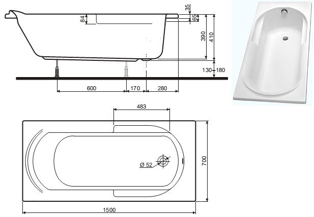 Ванна акриловая прямоугольная KOLO Opal XWP0950 150х70х39 (150*70)