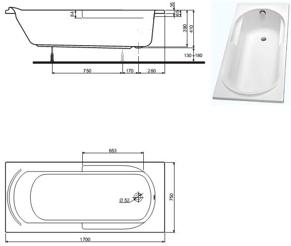 Ванна акриловая прямоугольная KOLO Opal XWP0970 170х75х39 (170*75)